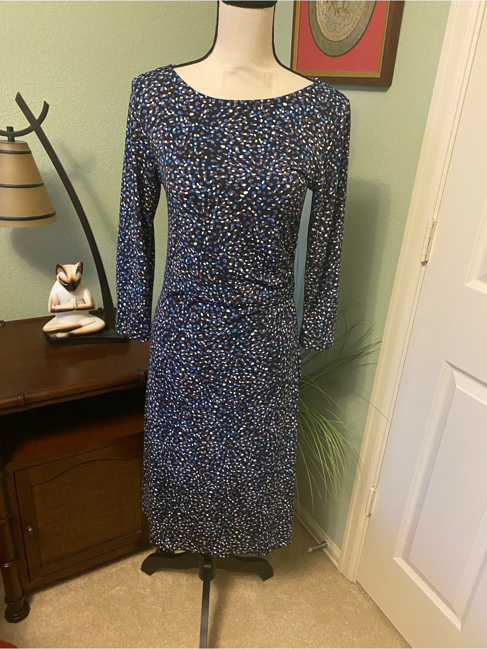 Ann Taylor Navy Blue Printed Midi Sheath Dress